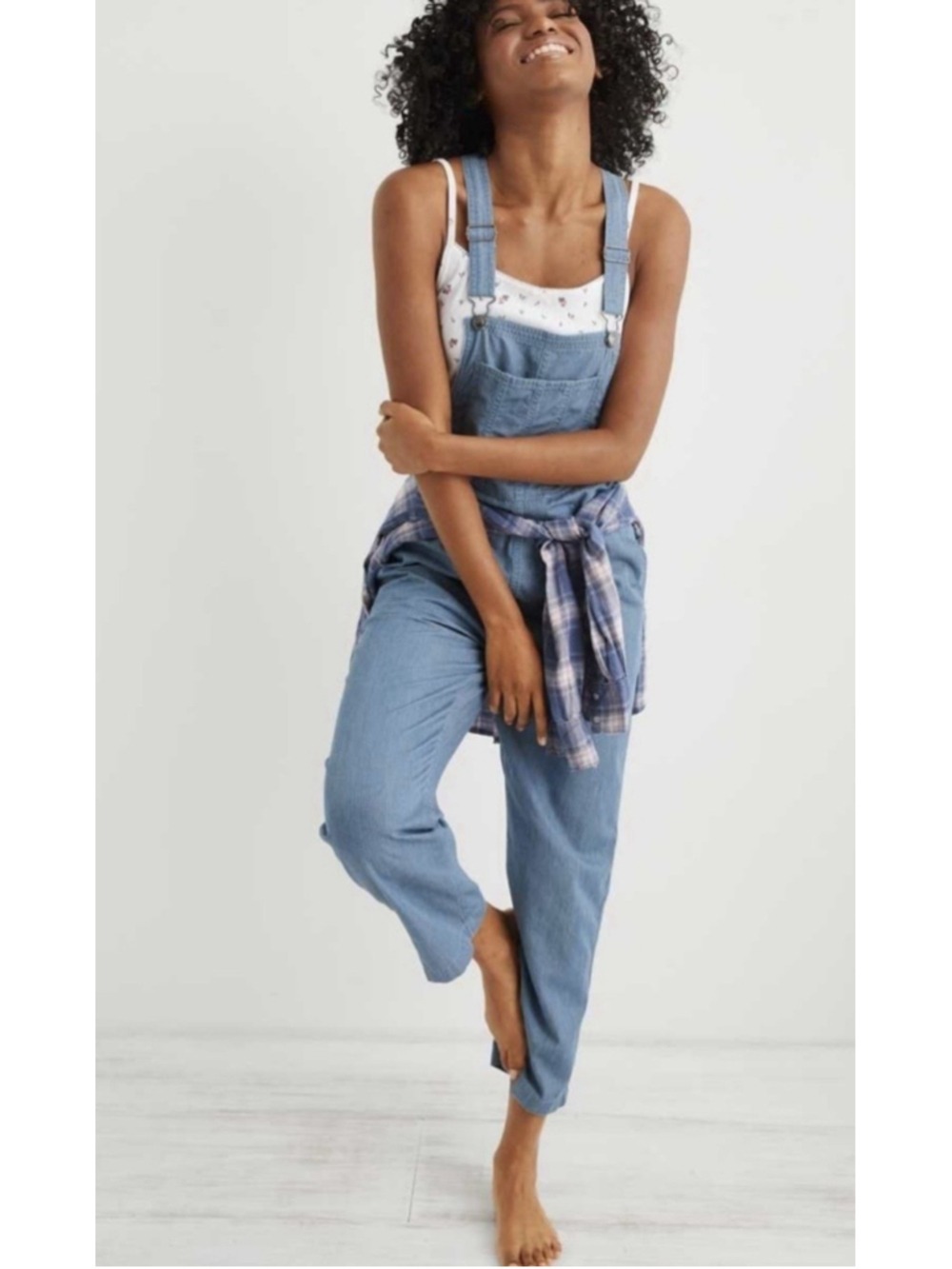 Aerie Bib Overalls Blue Railroad Striped Y2K Lightweight Crop Ankle Women’s XS